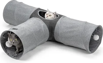 Produktbild von lionto Spieltunnel für Katzen, hochwertiger Faux-Linen Katzentunnel mit Spielball, erweiterbar & platzsparend, 30x120x80 cm, grau