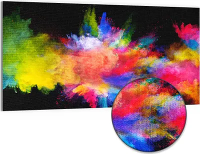 Produktbild von DEQORI Hybrid Leinwand Bild 100x50 cm 'Zusammenknall Farbpuder' Wandbild Glas flach modern