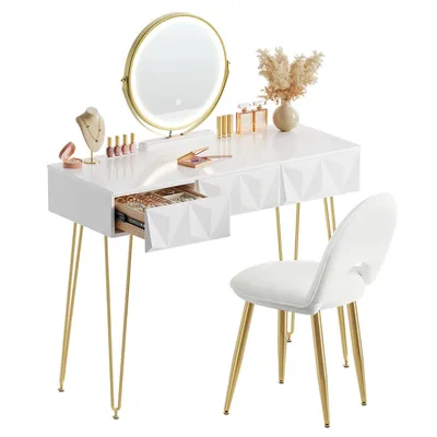 Produktbild von EUGAD Schminktisch mit Beleuchtung, Stuhl, 360° drehbarem Spiegel, Weiß + Golden