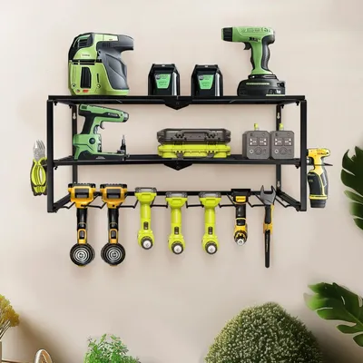 Image de Support mural pour outils - Étagère métallique murale - Organisateur d'outils à 3 niveaux - Support pour perceuses sans fil - Étagère de rangement pour garage et atelier