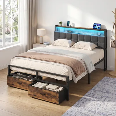 Produktbild von Bettgestell 140 x 200 cm, mit 2 Schubladen, LED-Beleuchtung, Schlafzimmer, Kopfteil, schwarz-braun