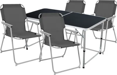 A camping table and four chairs set against a white background.