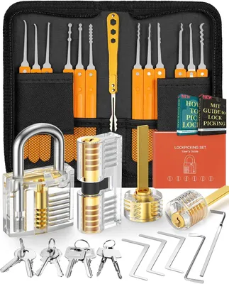 Produktbild von Lockpicking Set mit 32 Dietrich, 4 Transparenten Trainingsschlössern und Handbuch - Das perfekte Lock Pick Set für Anfänger und Profis, Orange