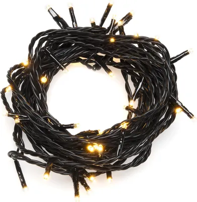 A coiled string of black LED lights with amber diodes on a white background.