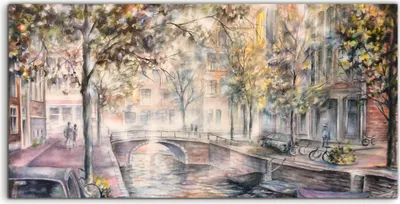 Produktbild von Coloray Canvas 120x60  Wandbild Leinwand Bilder Brücke Fahrräder Morgens in Amsterdam
