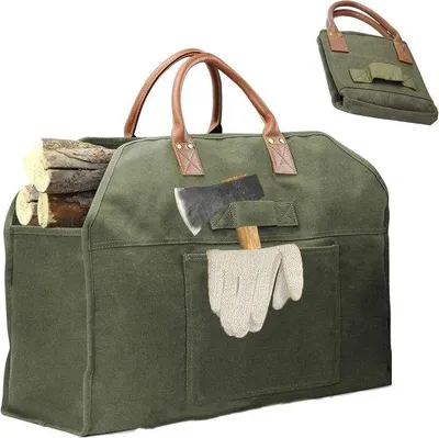 Image de Sac à bois pliable en bois avec poignée - sac à bois multifonctionnel, vert olive