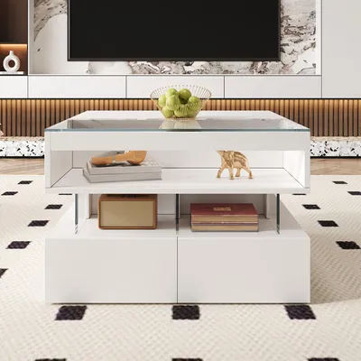 Produktbild von okwish Couchtisch Beistelltisch mit Lift-Top-Design,Sofatisch mit Dämpfungsmechanismus,Kaffeetisch mit 16-farbige LED-Beleuchtung,Weiß
