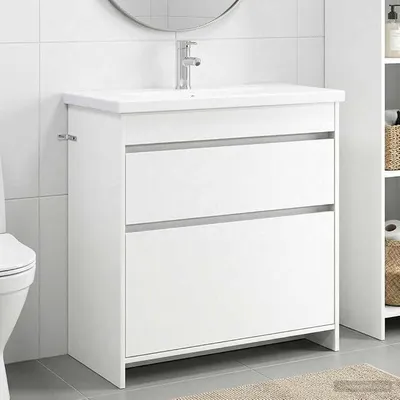 Obrázek produktu pro Sada koupelnového nábytku s umyvadlem, bílá, rozměry 81x40x84,5 cm. Materiál: dřevotříska. Obsahuje zásuvky, moderní design, úložný prostor do koupelny
