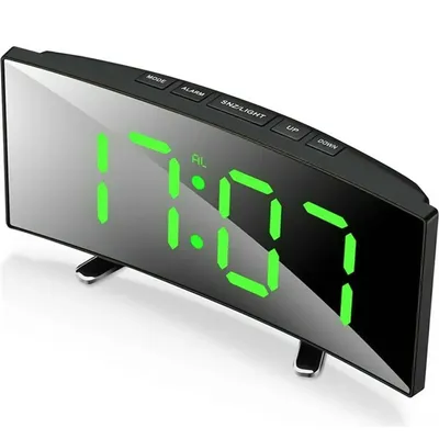 Produktbild von LED Spiegelwecker gebogen, Digitaluhr mit Temperaturanzeige, Snooze Funktion, Nachtmodus, 2 Helligkeiten, grüne Zahlen