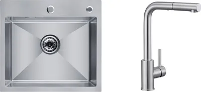 A stainless steel kitchen sink and a matching faucet are shown side-by-side against a white background.