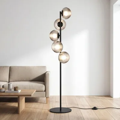 Produktbild von Stehleuchte Schwarz Grau 160 cm hoch Metall Rauchglas für 5x E27 Modern Wohnzimmer Stehlampe