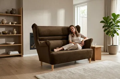 Produktbild von Ohrensofa ZOJA Royal – Ergonomisches 2-Sitzer Sofa, Velours in Braun, Family Meble, KI-generiertes Bild