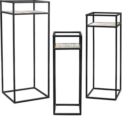 Produktbild von Set aus drei dekorativen Blumenständern aus Metall mit Holztopf