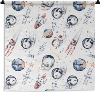 Produktbild von MuchoWow® Wandteppich Wandbehang Muster - Tiere - Rakete - Jungen - Kinder - Mädchen 150x150 cm Tapisserie Dekoration Wandtuch - Wohnaccessoires - Modernes