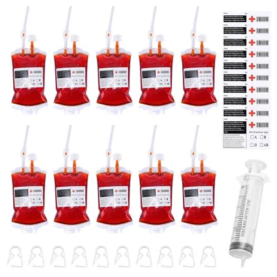 Halloween Blutbeutel Set, 10 Stück, 350 ml, transparent