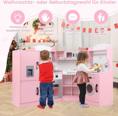 Obrázek produktu pro Rohová kuchyňská sada s výrobníkem ledu, mikrovlnnou troubou, troubou, růžová