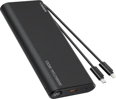 A black VEGER power bank with integrated cables is shown against a white background.