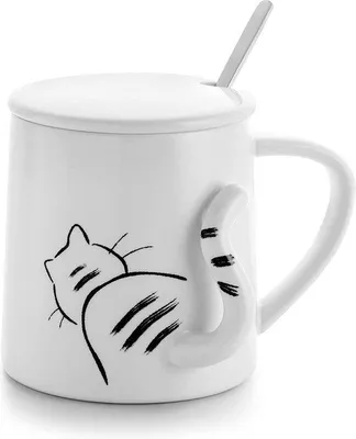 Produktbild von Unyqoos® Keramik-Kaffeebecher mit Deckel & Löffel – weiß, Katzenmotiv mit 3D-Schwanz, ca. 350 ml (H 9 cm, Ø 8 cm) – Geschenk für Katzenliebhaber