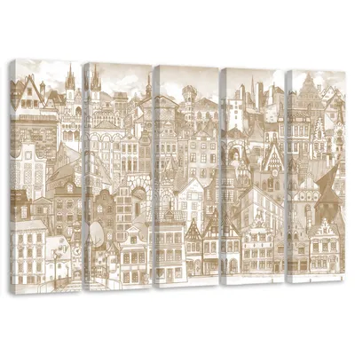 Produktbild von 5-teiliges leinwandbild fröhliche stadt 100x70 cm Feeby beige wandbild bereit zum aufhängen