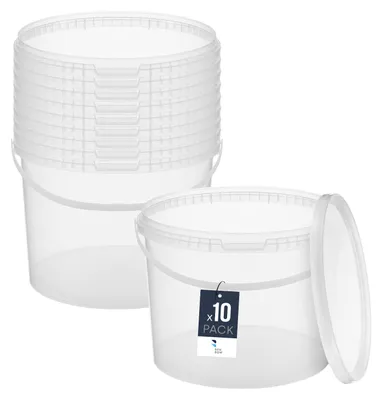 A stack of transparent plastic buckets with lids, and one bucket in the foreground with a label.
