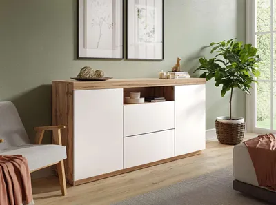 Produktbild von Kommode YOSHI Sideboard mit 2 Türen und Schubladen 164 cm, Wotan / Weiß