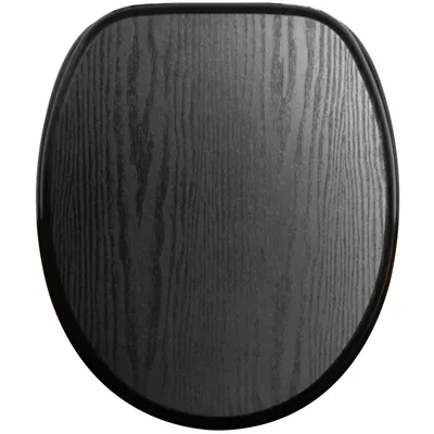 A top-down view of a black wooden toilet seat.