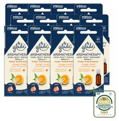 Imagen del producto de 12 unidades de recambio de ambientador Glade Aromatherapy, línea "Pure Happiness", con aroma a naranja y neroli, de 17,4 ml cada uno. Pack ahorro