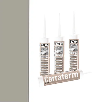 Three tubes of sealant are standing upright, with one tube lying horizontally in front of them. The horizontal tube has the brand name 'Carraferm' printed on it.