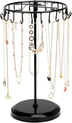 Image de Porte-bijoux pivotant en métal, noir, 23 crochets, 34 cm