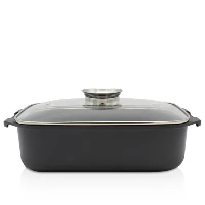 Produktbild von Karl Krueger Aromabräter Delta 21334D, Aluguss, 34,5x24x9 cm, Glasdeckel, Schwarz, Antihaftversiegelung, induktionsgeeignet, für gesundes Garen, Braten, Dünsten