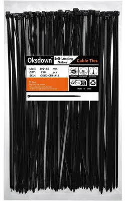 Productafbeelding van Zwart kabelbinders, 300mm x 3,6mm, nylon, 250 stuks, UV-bestendig, treksterkte 18,2 kg