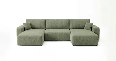 Image de Canapé d’angle BERLIN U vert clair velours côtelé Poso 47 - fonction couchage, coffre de rangement pour la literie