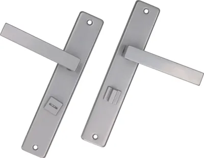 Two silver door handles with backplates are shown against a white background.