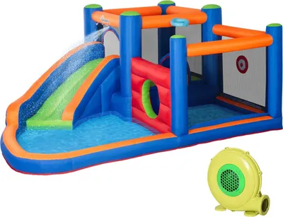 Productafbeelding van Opblaasbaar springkussen waterpark met ventilator, springkussen met waterglijbaan, basketbalring, opblaasbaar waterpretcentrum, geschikt vanaf 3 jaar. Trampoline