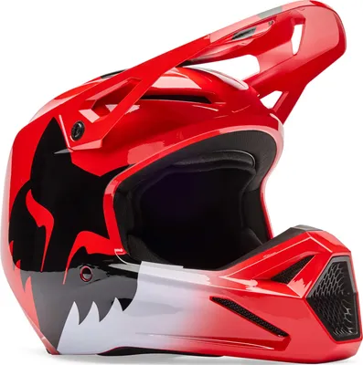 A red and black motocross helmet with a white graphic on the side.