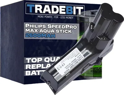 A replacement battery pack for a Philips vacuum cleaner is shown in front of its packaging.