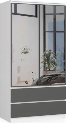 Produktbild von Kleiderschrank AKORD S90 mit Spiegel Weiß 90 cm 2 Türen 2 Schubladen 4 Ebenen Front Graphitgrau B90 x H180 x T51 cm