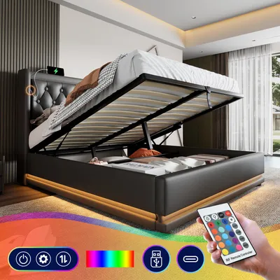 Zdjęcie produktu dla Łóżko tapicerowane - 160 x 200 cm, czarne, sztuczna skóra PU, z portami USB i USB-C, oświetlenie LED, z tapicerowanym zagłówkiem