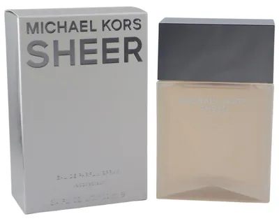 Michael Kors Sheer Eau de Parfum 100 ml mit beigefarbenem Glasflakon, silbernem Verschluss und Originalverpackung.
