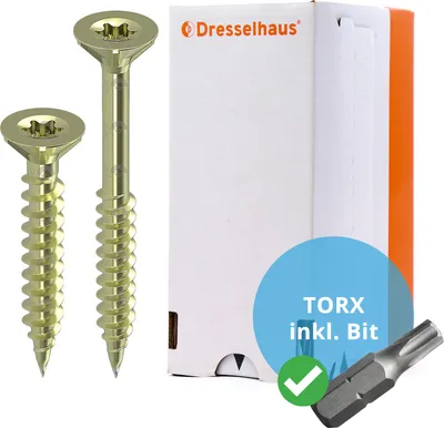 Produktbild von Spanplattenschrauben mit Senkkopf 4,0 x 50 - 500 Stk., teilgewinde, JD-79, gelb verzinkt, Torx, Universalschraube, Holzschraube