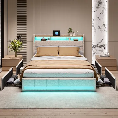 Immagine prodotto di CDGlobal letto imbottito 140x200cm con USB e prese, letto per ragazzi letto matrimoniale con 4 cassetti, letto contenitore letto in legno massiccio con LED/tipo C e rete a doghe, lino, beige