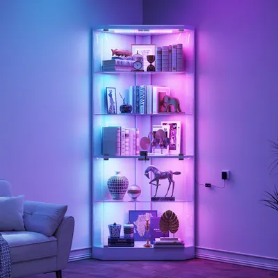 Hoekvitrine 5 Ebenen LED Bewegungssensor Glastür 175 cm weiß