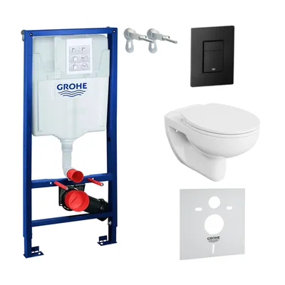 Produktbild von GROHE Vorwandelement Solido + Wand Hänge WC Arctic Weiß Spülrandlos + WC-Sitz SoftClose | Schwarzer Knopf | Komplettset | Unterputz Spülkasten | Toilette Komplett Sett
