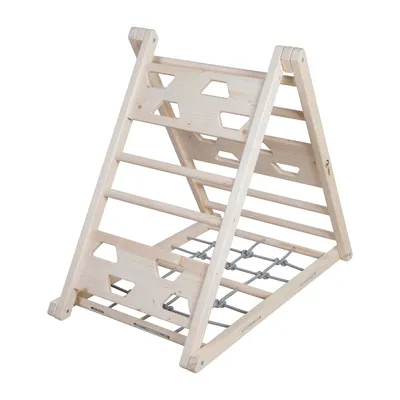 Produktbild von roba Indoor Kletterdreieck aus Holz - Pikler-Dreieck 3-Seiten-Funktion - Sprossen, Kletterseil & Greifflächen - Für Kinder ab 24 Monaten - Natur, Grau