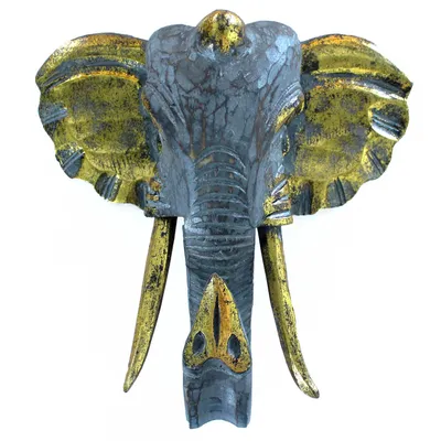 Produktbild von Großer Elefantenkopf Wanddeko, grau/gold, Holz, 29cm