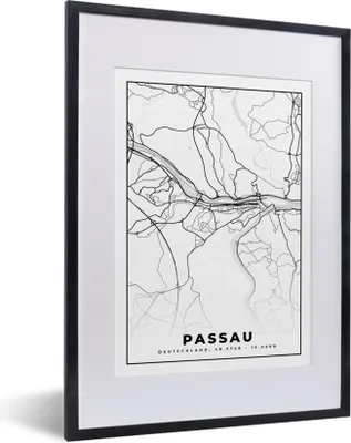 Produktbild von MuchoWow® Gerahmtes Poster Karte - Passau - Stadtplan - Karte 30x40 cm - Poster mit Schwarzem Bilderrahmen Wandposter Rahmen Foto Bilder - Wandposter Schlafzimmer