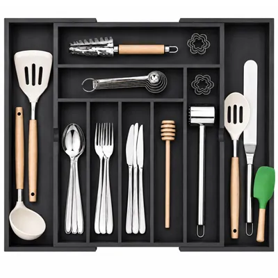 Produktbild von Besteckeinsatz Ausziehbarer Besteckkasten Bambus Schubladen Organizer,Besteckeinsatz,ausziehbar von 32 bis 53,5 cm, mit 7–9 Fächern, Besteckhalter