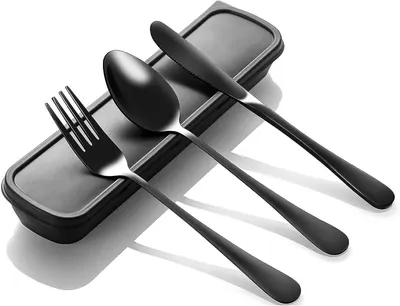 Produktbild von 4-teiliges Besteckset, Schwarz, Edelstahl, mit Tragetasche, für Camping und Picknick
