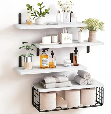 Produktbild von Set aus 4 Holz-Wandregalen, Badezimmerregal mit Metallkorb, schwebende Wandregale im rustikalen Stil, für Wohnzimmer, Schlafzimmer, Küche, Büro (weiß)