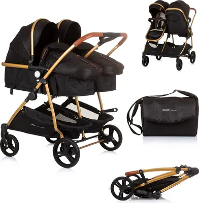 A collage of images showing a black and gold double stroller from different angles, including a folded view and a separate bag.